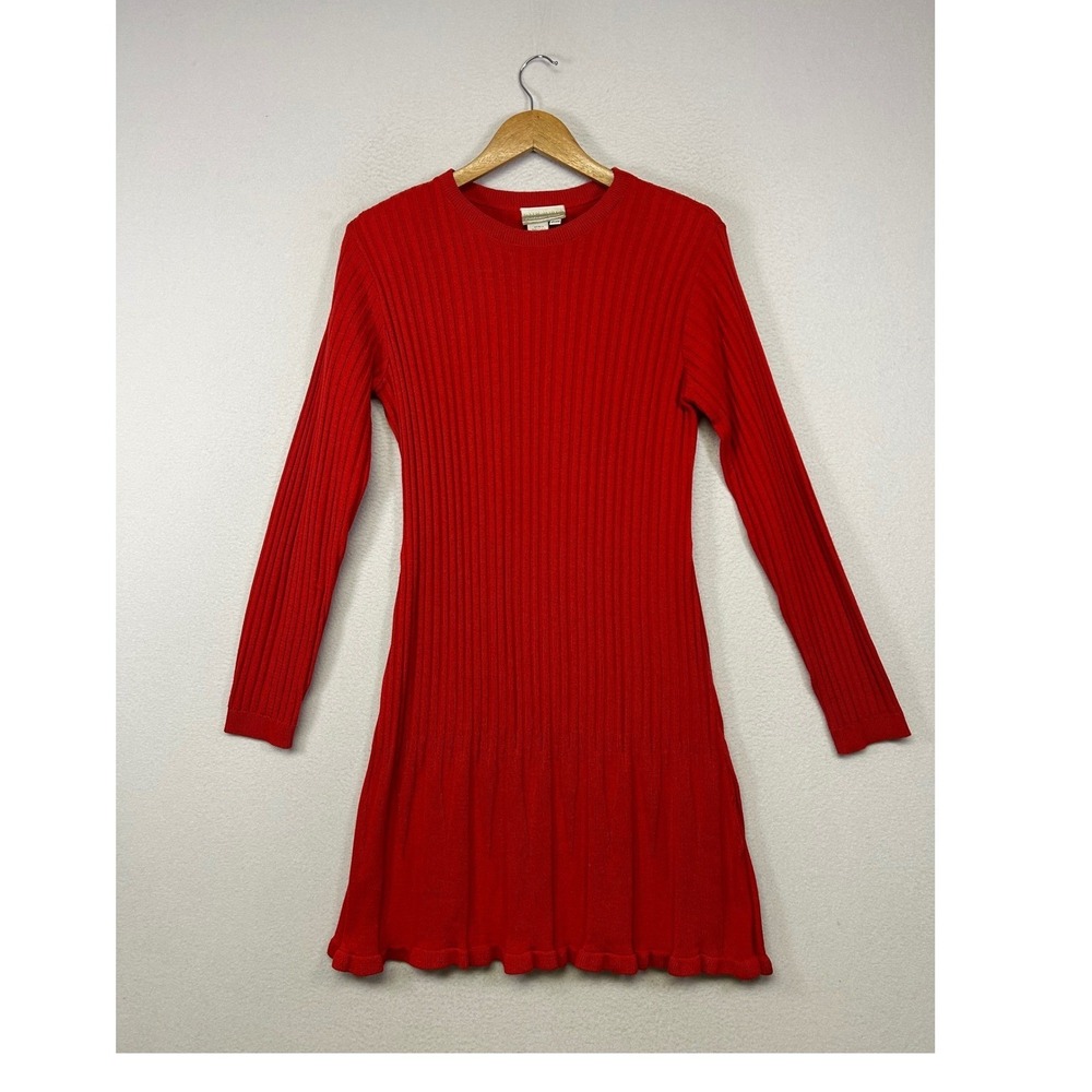 Classic Preppy Coldwater Creek P/M Red Ribbed Knit Ruffle Hem Sweater Dress